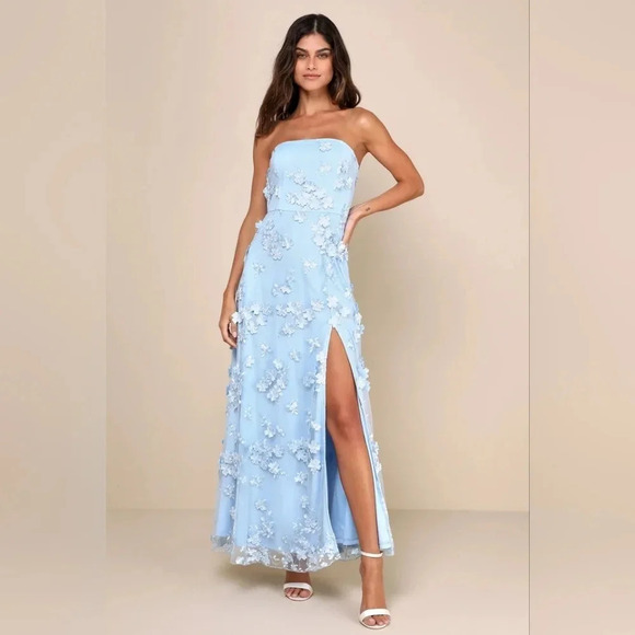 Lulus Rare Presence Powder Blue 3D Floral Embroidered Maxi Dress Wedding Party - Picture 2 of 10